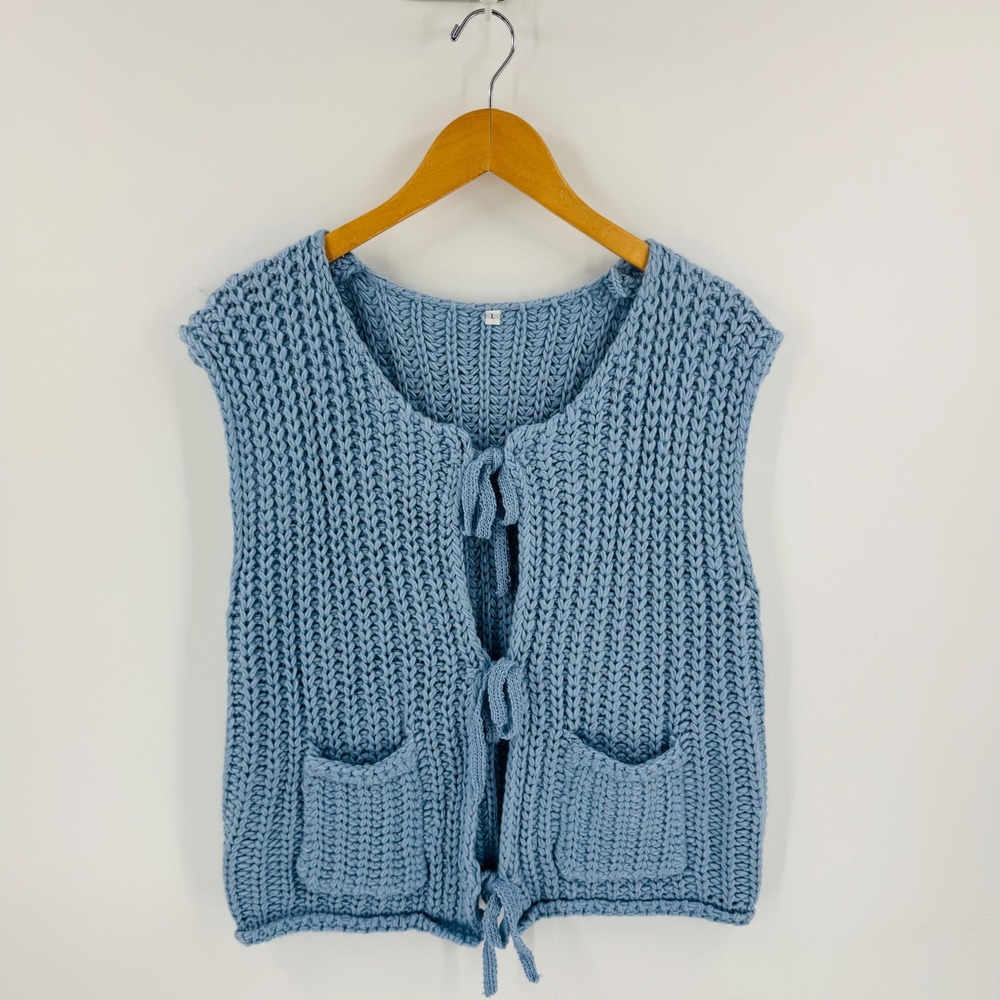 Unbranded Chunky Knit Sweater Vest Blue Tie Front Patch Pockets Size L‎ Cottage